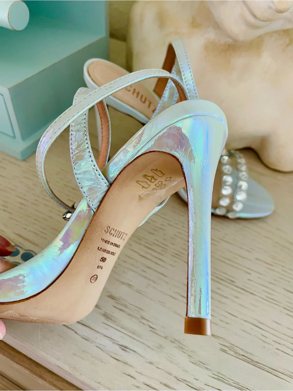 Schutz - Iridescent Crystal Strap Heeled Sandals - Light Aqua